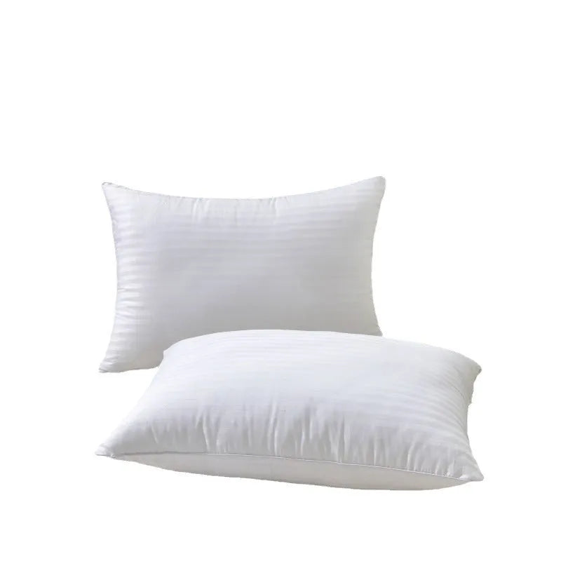 White hotel cotton satin stripe feather pillow showing 2cm stripe detail, shown in three sizes.