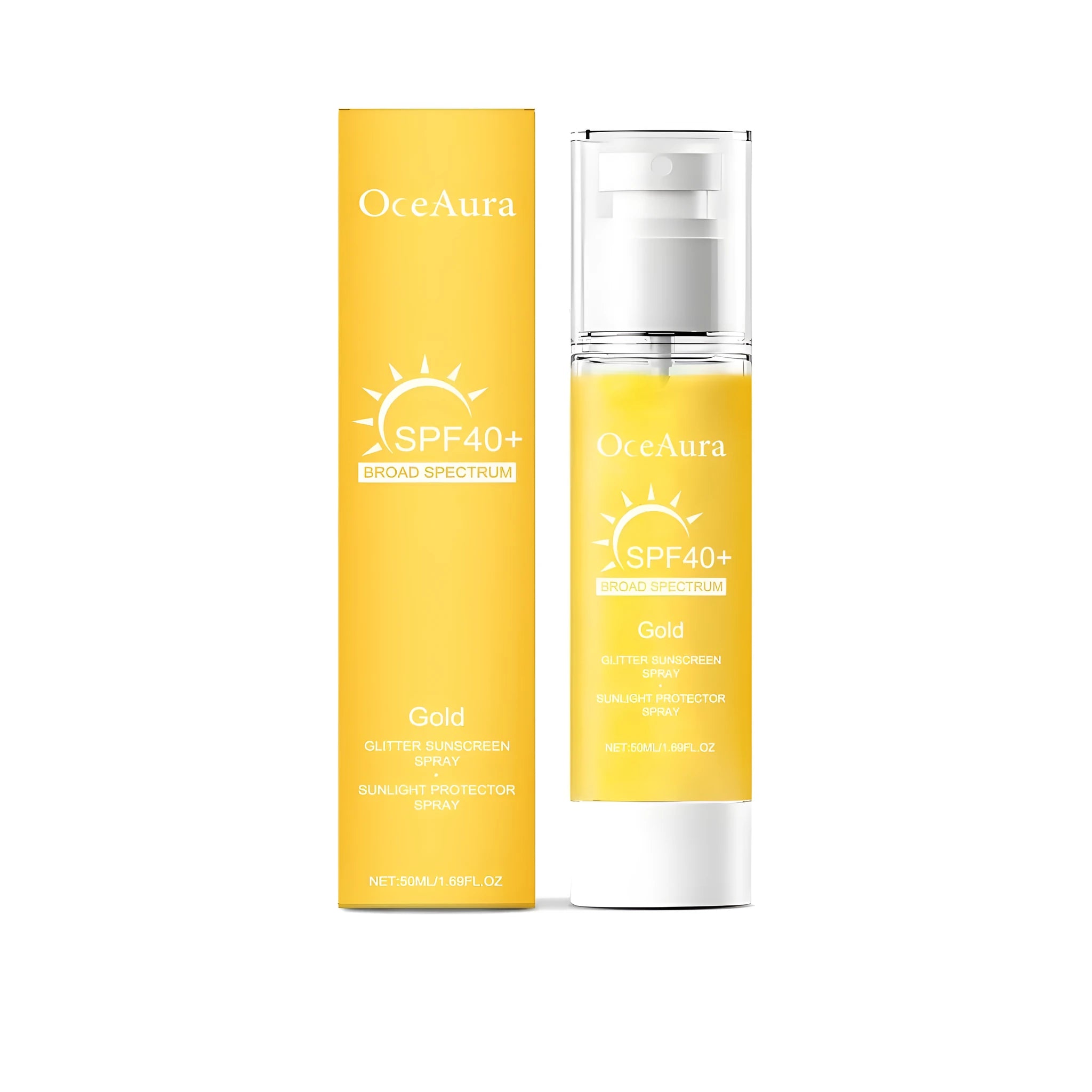 50ml pump bottle of shiny sunscreen spray with SPF protection and avocado oil.