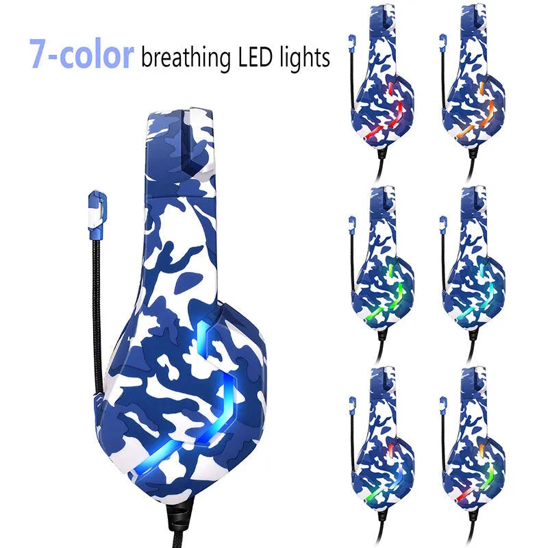 Camouflage blue wired gaming headset with 40mm drivers and braided cable