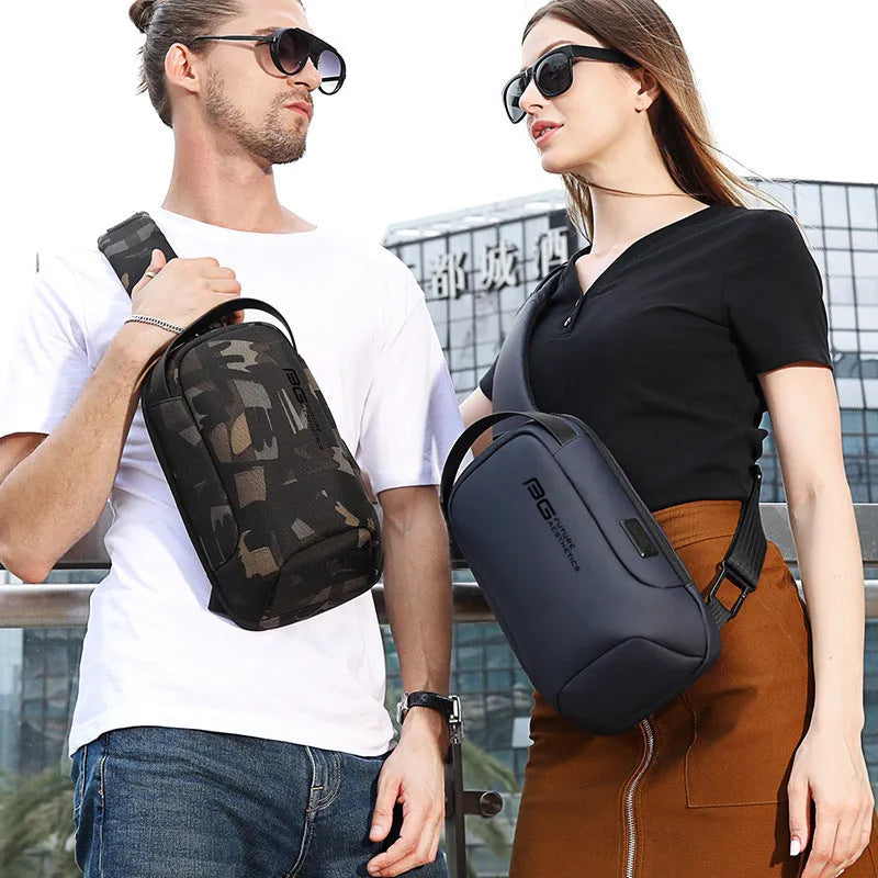 Men's black Oxford cloth shoulder bag with a USB charging port for business travel.