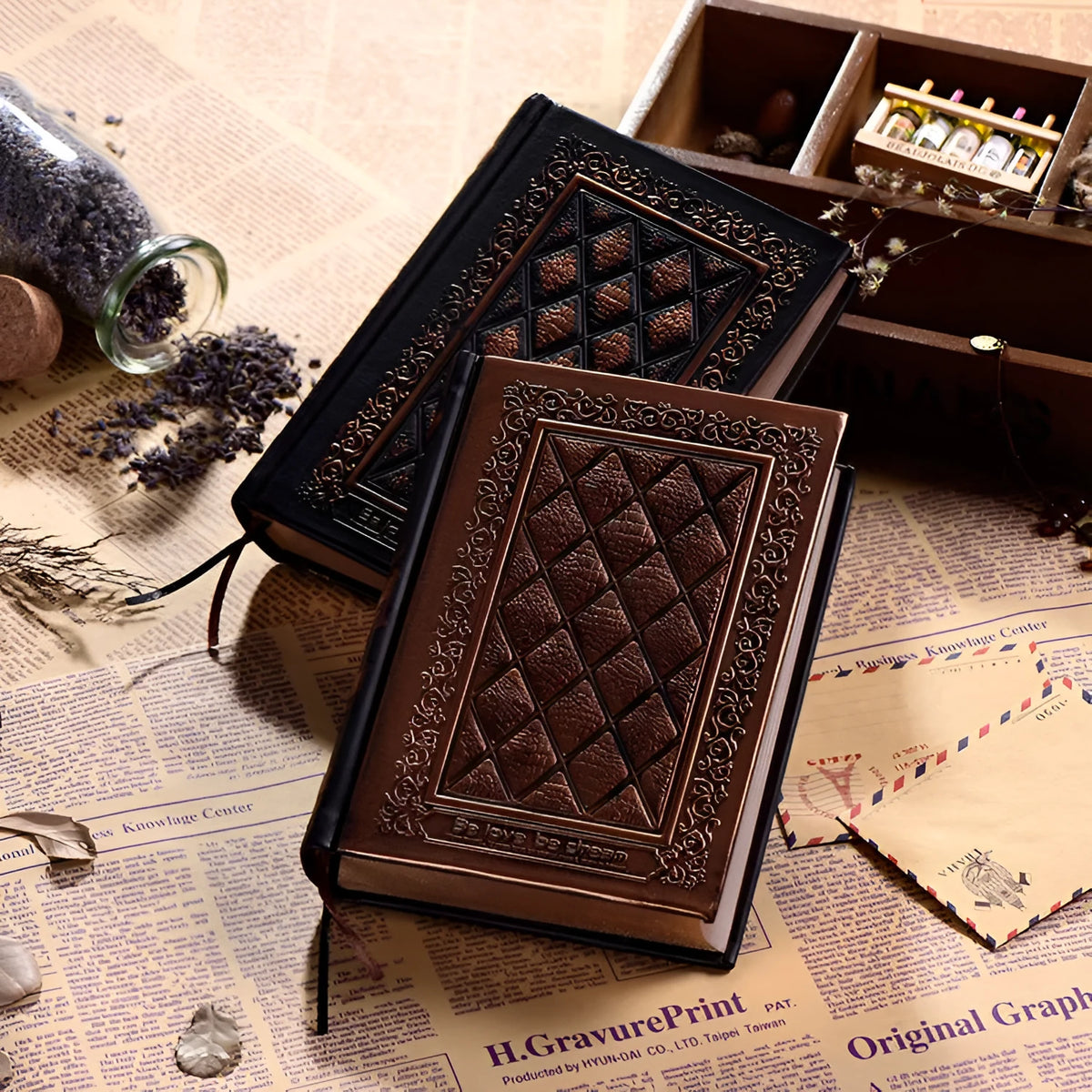 Embossed faux leather notepad with super thick body available in Black Gold and Bronze colours