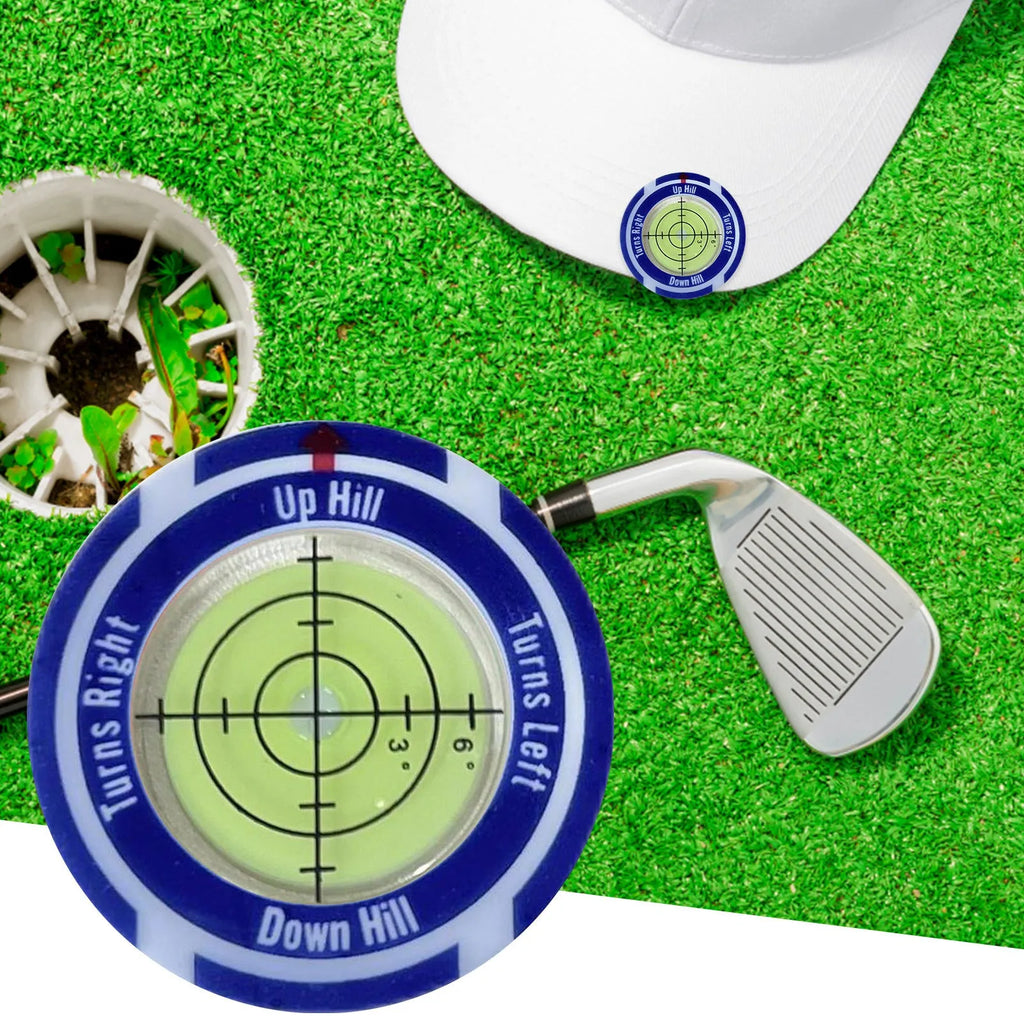 Golf level hat clip with green water display attached to golf hat brim
