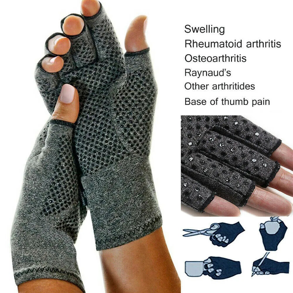 Grey half-finger compression gloves with anti-slip palm surface