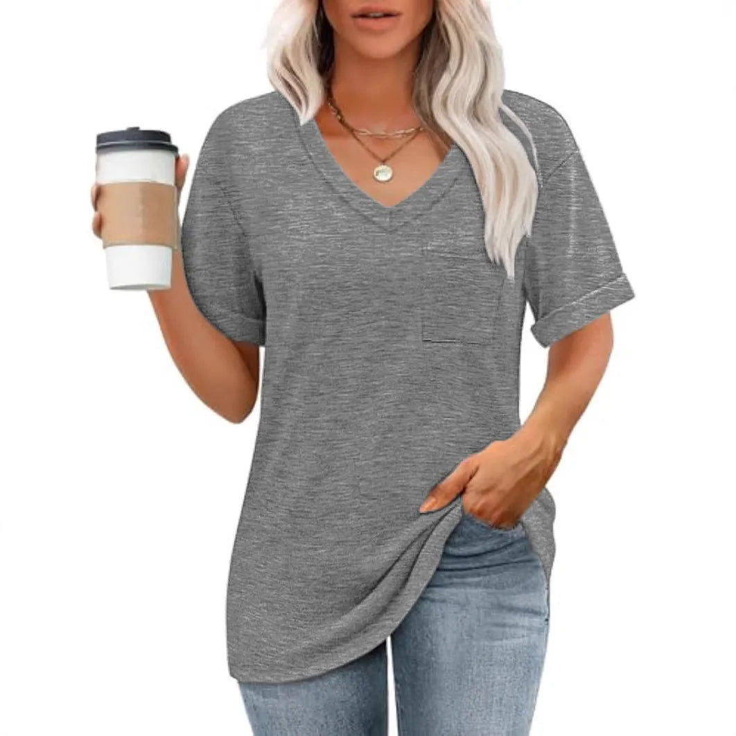 Grey loose fit V-neck T-shirt with front chest pocket, short sleeves, Japanese Korean casual style