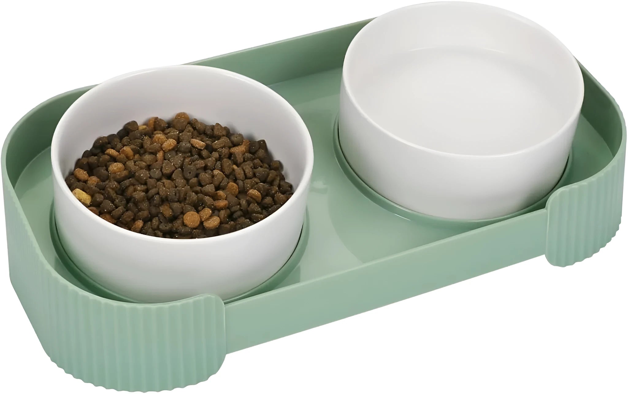 Green ceramic elevated cat bowl set with two bowls on a tilted stand.