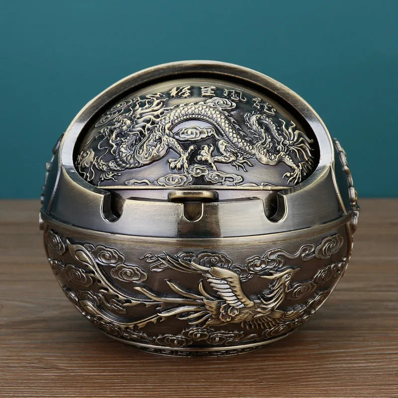 Bronze decorative ashtray with smoke extinguishing slot featuring traditional dragon design