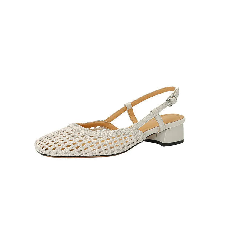 Women's beige woven hollow-out sandals with closed toe, chunky heel, and ankle strap buckle.
