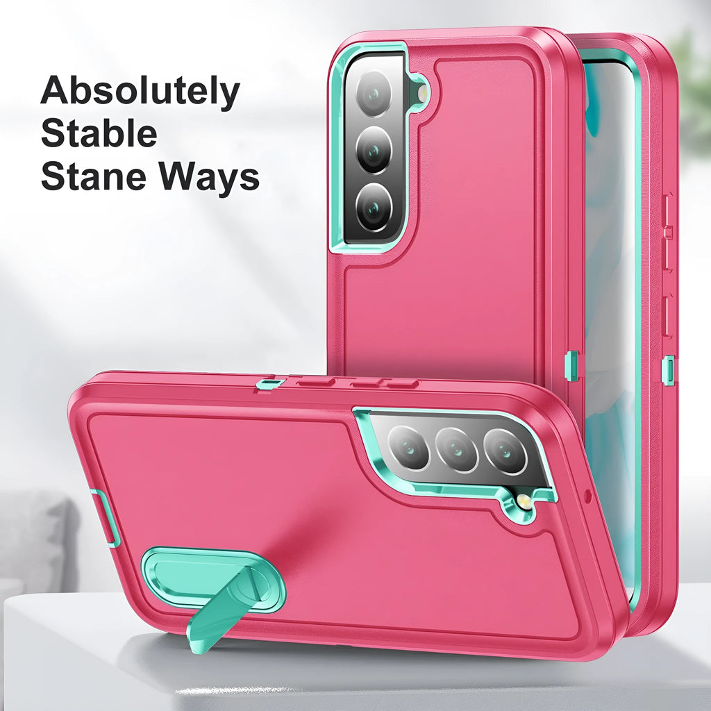 Three-proof Samsung phone case with bracket in Pink Blue, anti-fall and anti-fingerprint, TPU PC back cover.