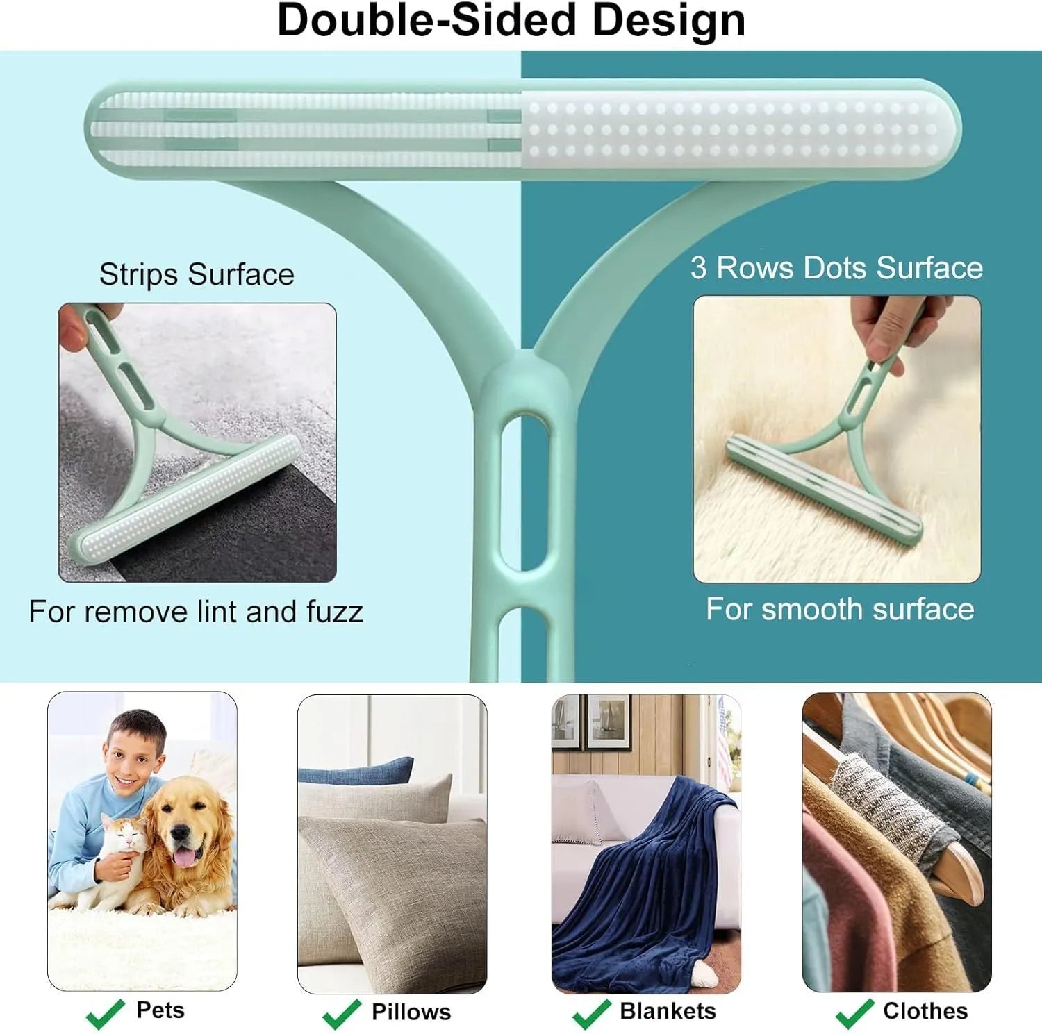 3-piece pet hair remover set with metal tool, silicone brush, and round carpet scraper on a fabric surface.