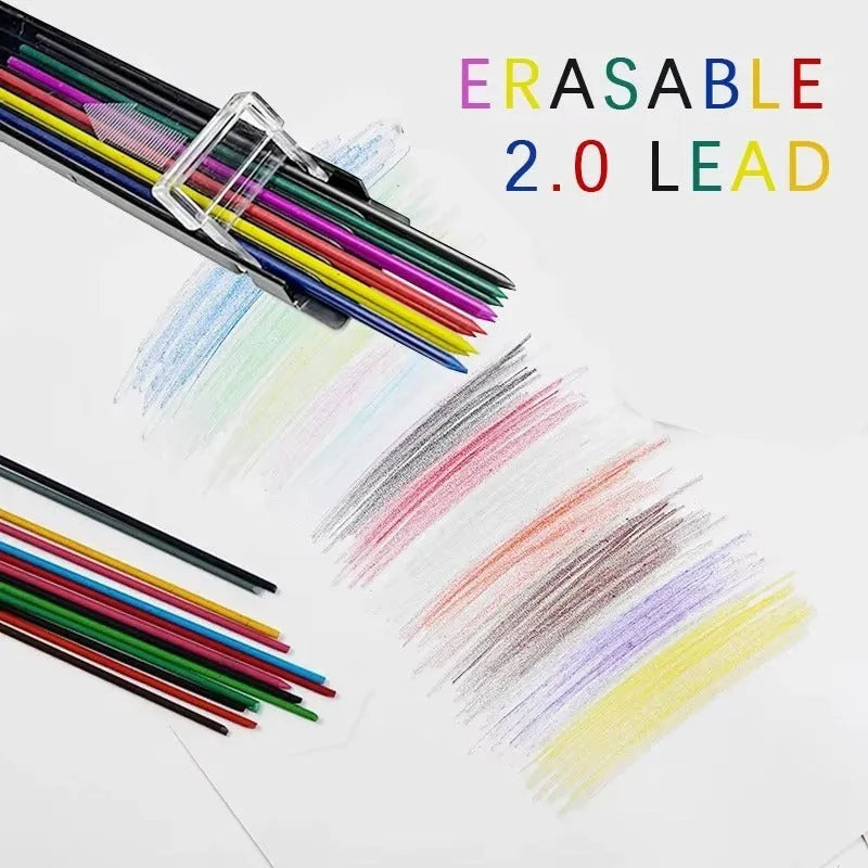 Plastic box containing 12 refill leads for a 0.5mm mechanical pencil in various colours.