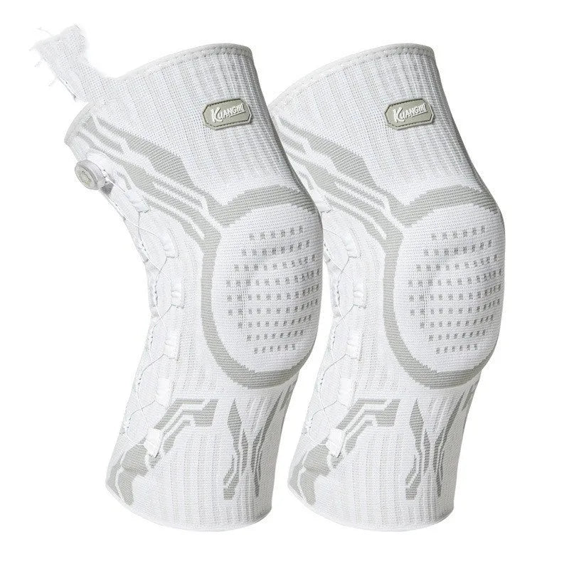 Grey and white sports kneecaps with left and right specific design for basketball, running, football, badminton