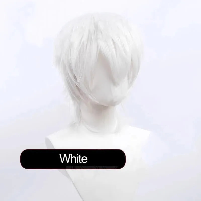 Short black anime cosplay wig with a lengthened hair tail on a mannequin head.