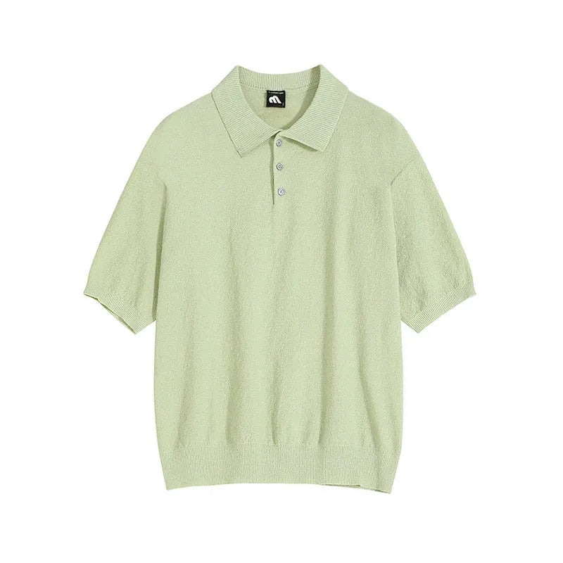 Retro knitted polo shirt for men with asymmetric design in caramel colour