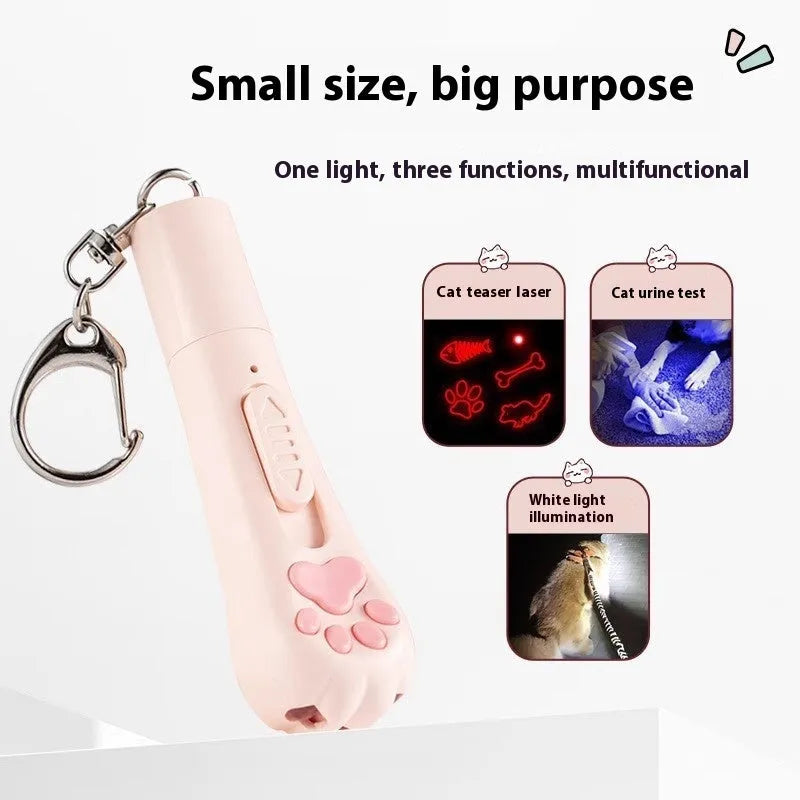 USB rechargeable cat teaser wand with LED lights in pink, cream, or sky blue