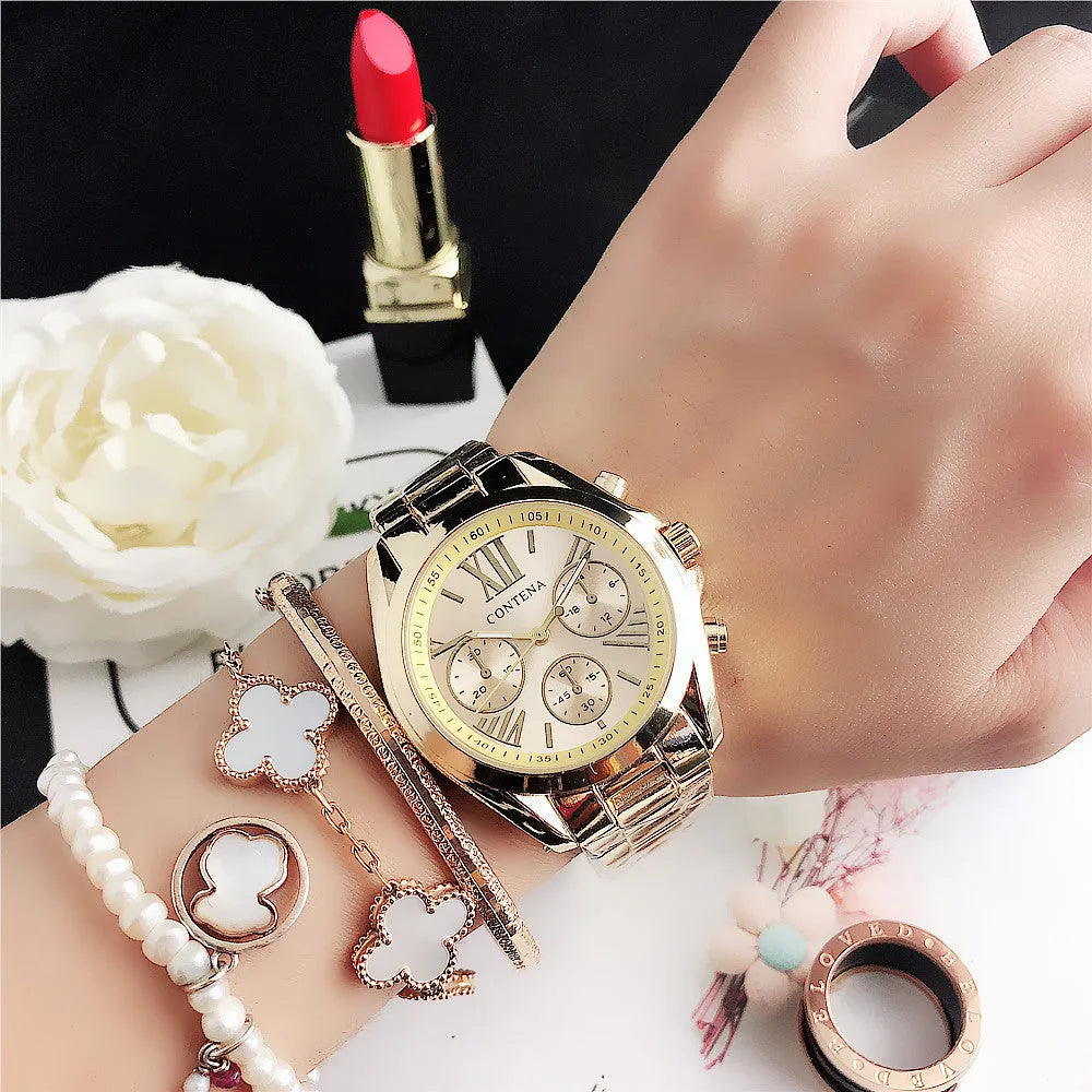 Women's quartz watch with metal mesh strap and crystal-accented dial in rose gold