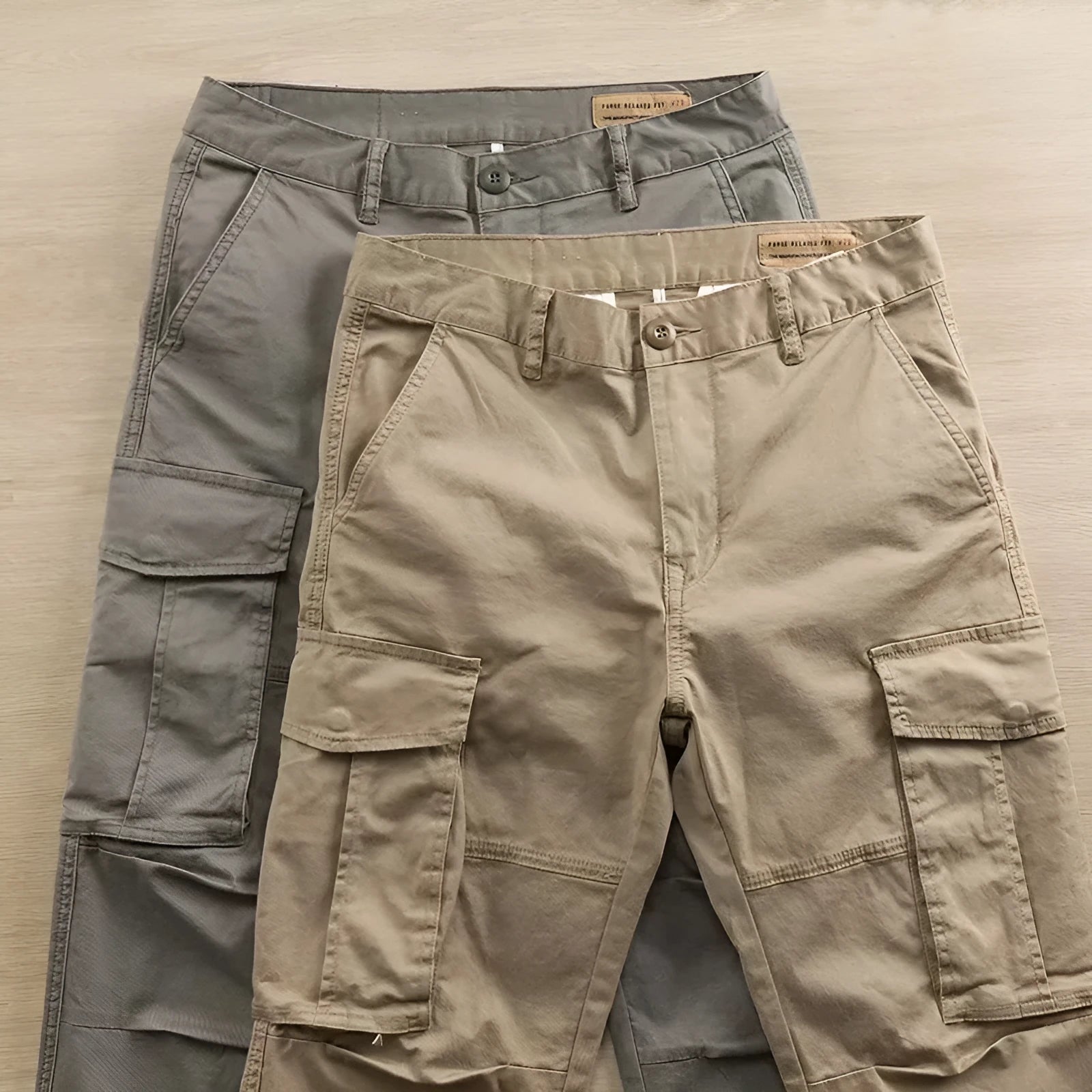 Men's solid colour cotton labour protection trousers in cropped length with multiple pockets, shown in khaki.
