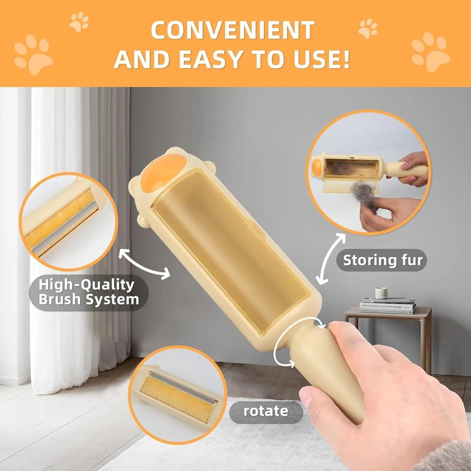 Blue pet hair remover roller with self-cleaning base for furniture and car seats.