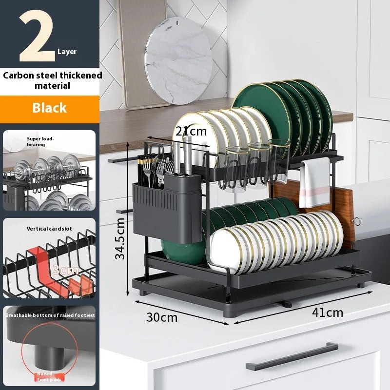 White double-tier metal kitchen storage rack holding pots and pans.
