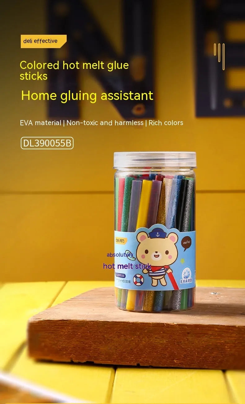 55 transparent hot melt adhesive sticks with 7mm diameter in packaging measuring 63x121mm