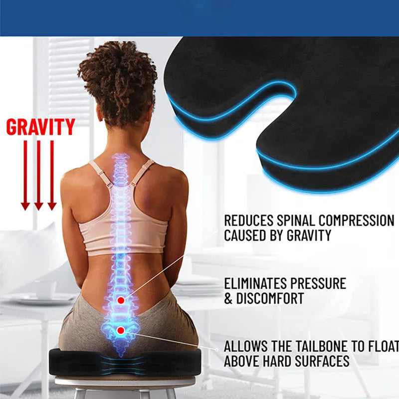 Black U-shaped memory foam office seat cushion showing dimensions of 46cm by 36cm.