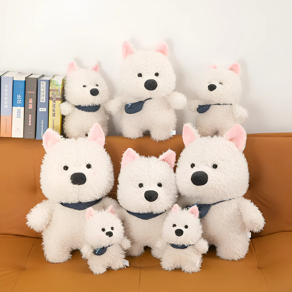 West Highland puppy plush toy in Scarf or Satchel Style, available in 25cm, 35cm, 45cm and 60cm heights