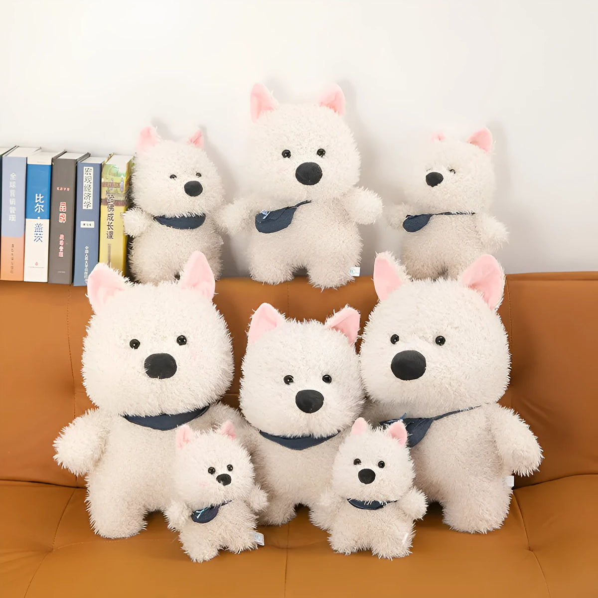 West Highland puppy plush toy in Scarf or Satchel Style, available in 25cm, 35cm, 45cm and 60cm heights