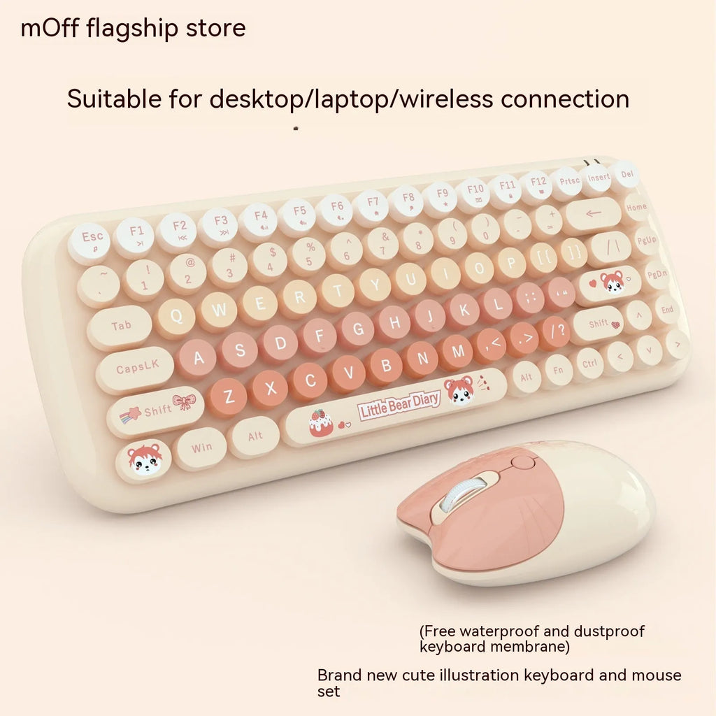 Candy pink wireless keyboard and mouse set with USB receiver on a desk