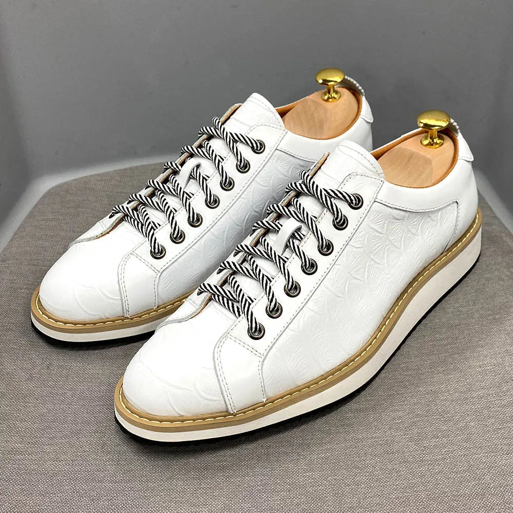 Men's handmade low-top canvas shoes with embossed pattern and front lace-up closure in multiple colours