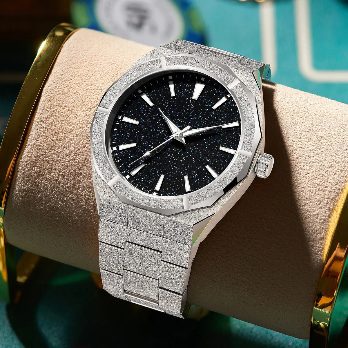 Men's business watch with frosted stainless steel case and luminous hands in silver, gold or black