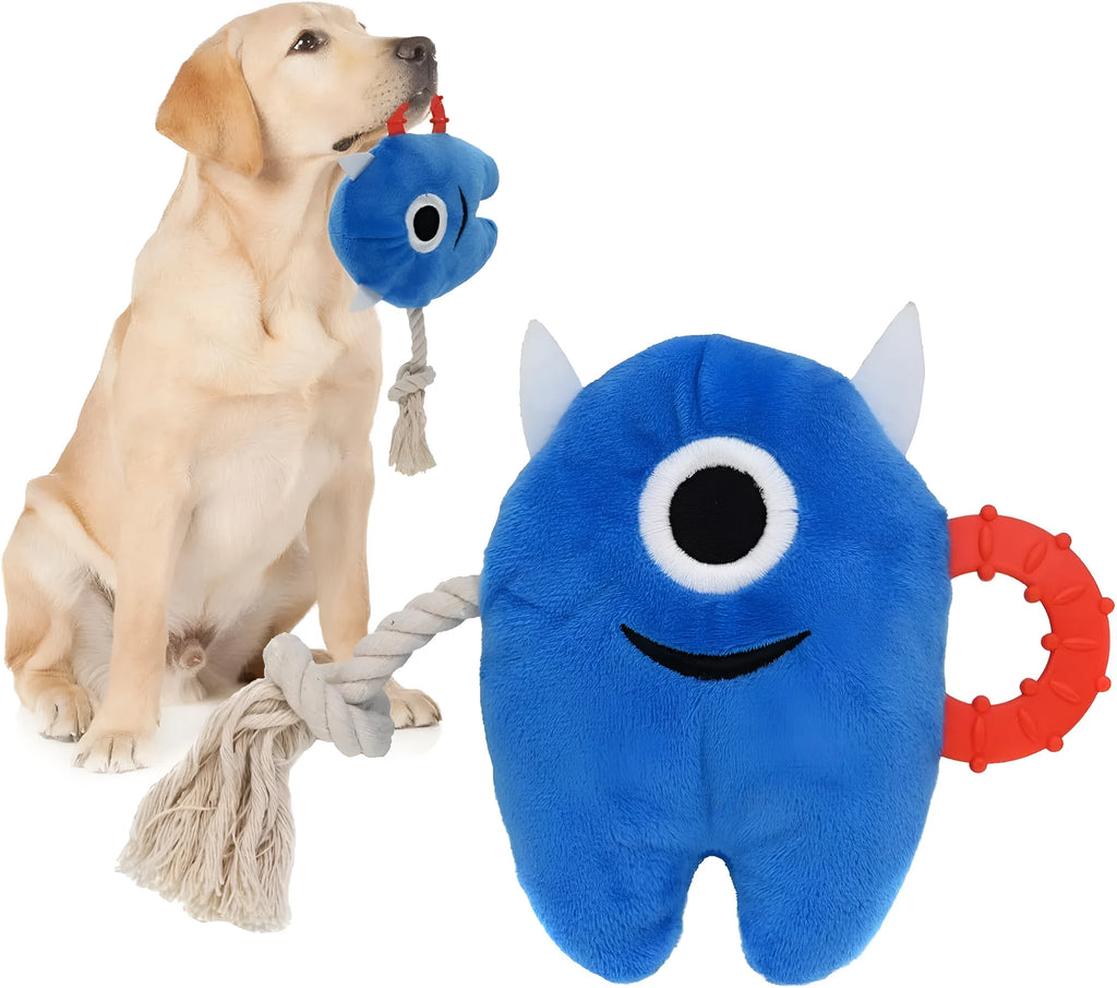 Large blue plush dog toy with cotton rope tug elements and squeaker for aggressive chewers
