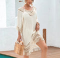 Apricot crocheted patchwork beach dress with splicing details and half sleeves
