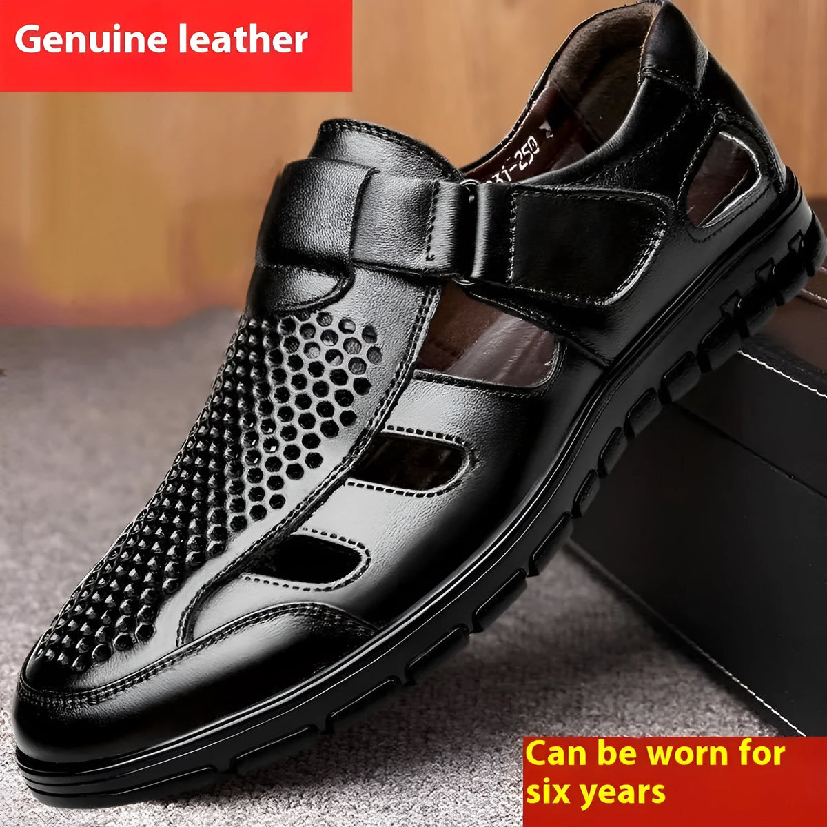 Men's business casual hollow leather sandals with holes, Velcro fastening, black or brown, sizes 38 to 44.
