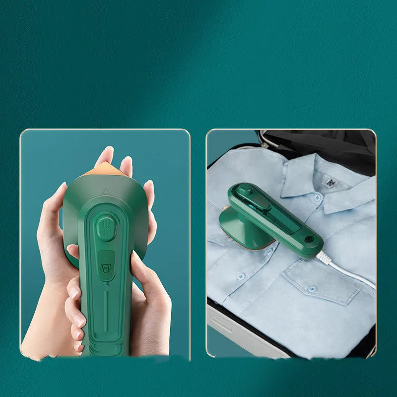 Dark green handheld garment ironing machine with titanium panel and mini steam design for travel and home use.