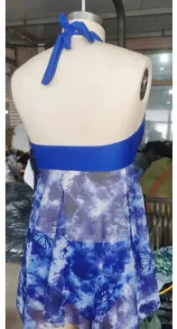 Blue women's two-piece bikini swimsuit with brief style, made from spandex fabric.