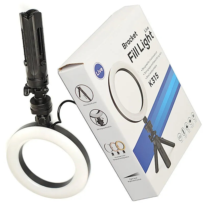 Black neutral style mobile streaming bracket with adjustable fill light on desktop tripod