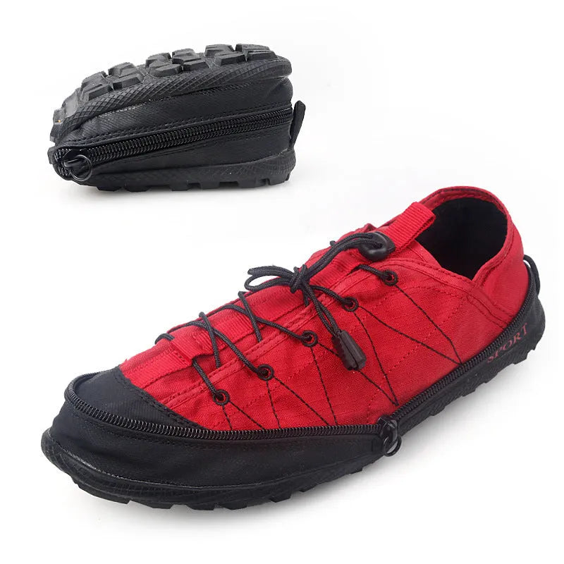 Orange foldable outdoor hiking shoe with mesh upper and side zipper, shown flat and folded.