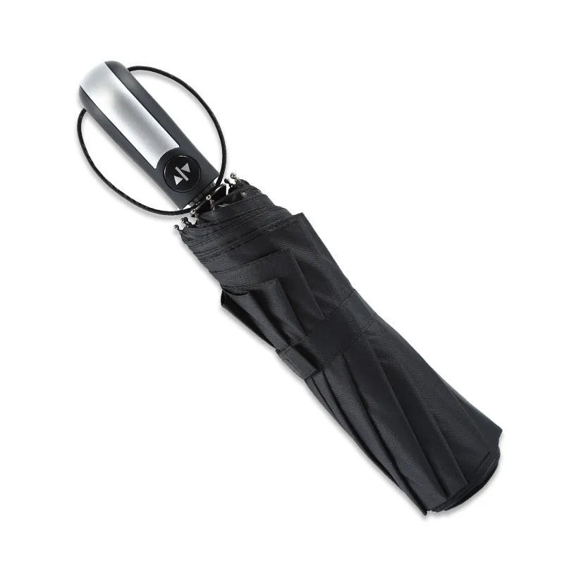 Closed and open views of triple folding business umbrella with 10 steel ribs and vinyl fabric in black navy and wine red
