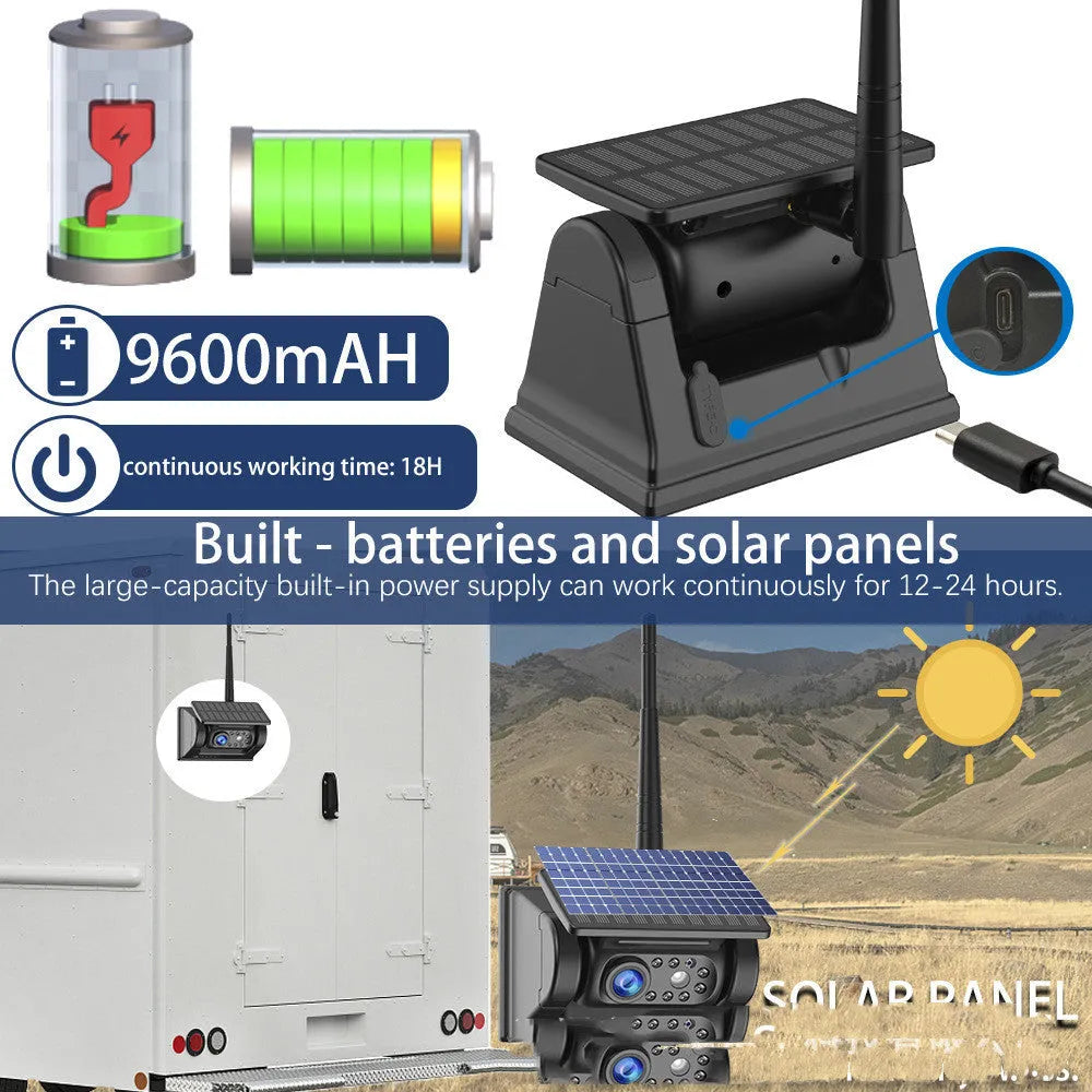 Solar-powered wireless car reversing camera with magnetic base, showing aluminum alloy housing and wide-angle lens.
