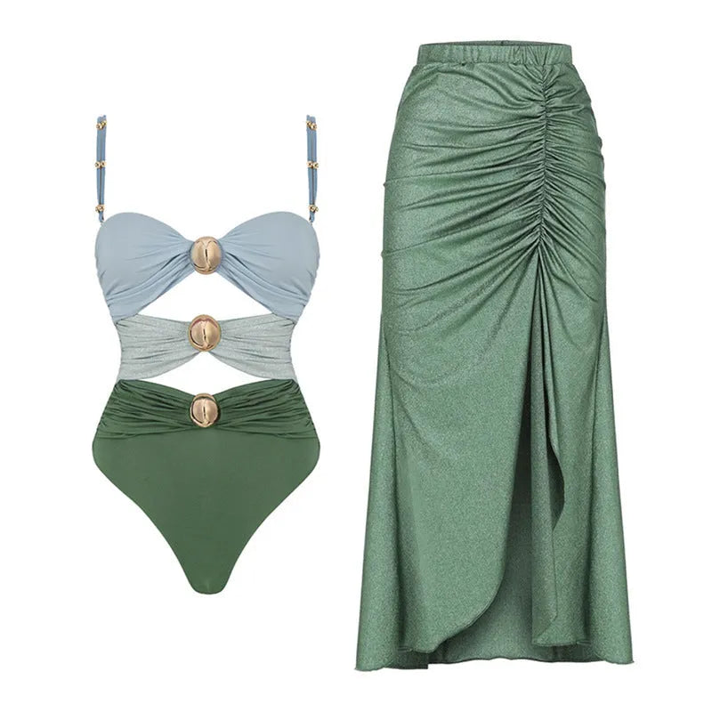 Women's high-waisted bikini set with removable skirt in green one-piece and yellow two-piece styles.