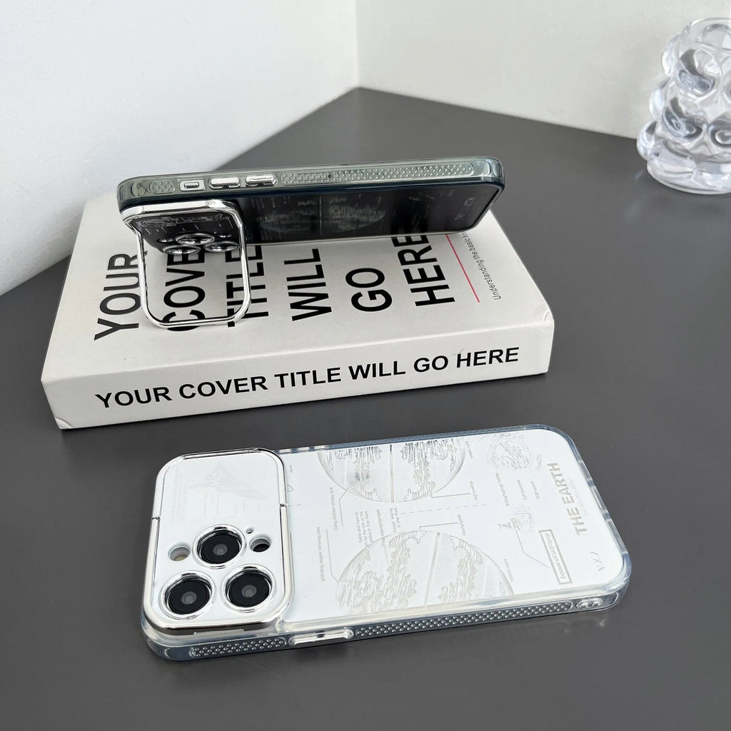Pleated Bracket Phone Case Metal Planet for iPhone 11-14 Pro Max, two colour options shown