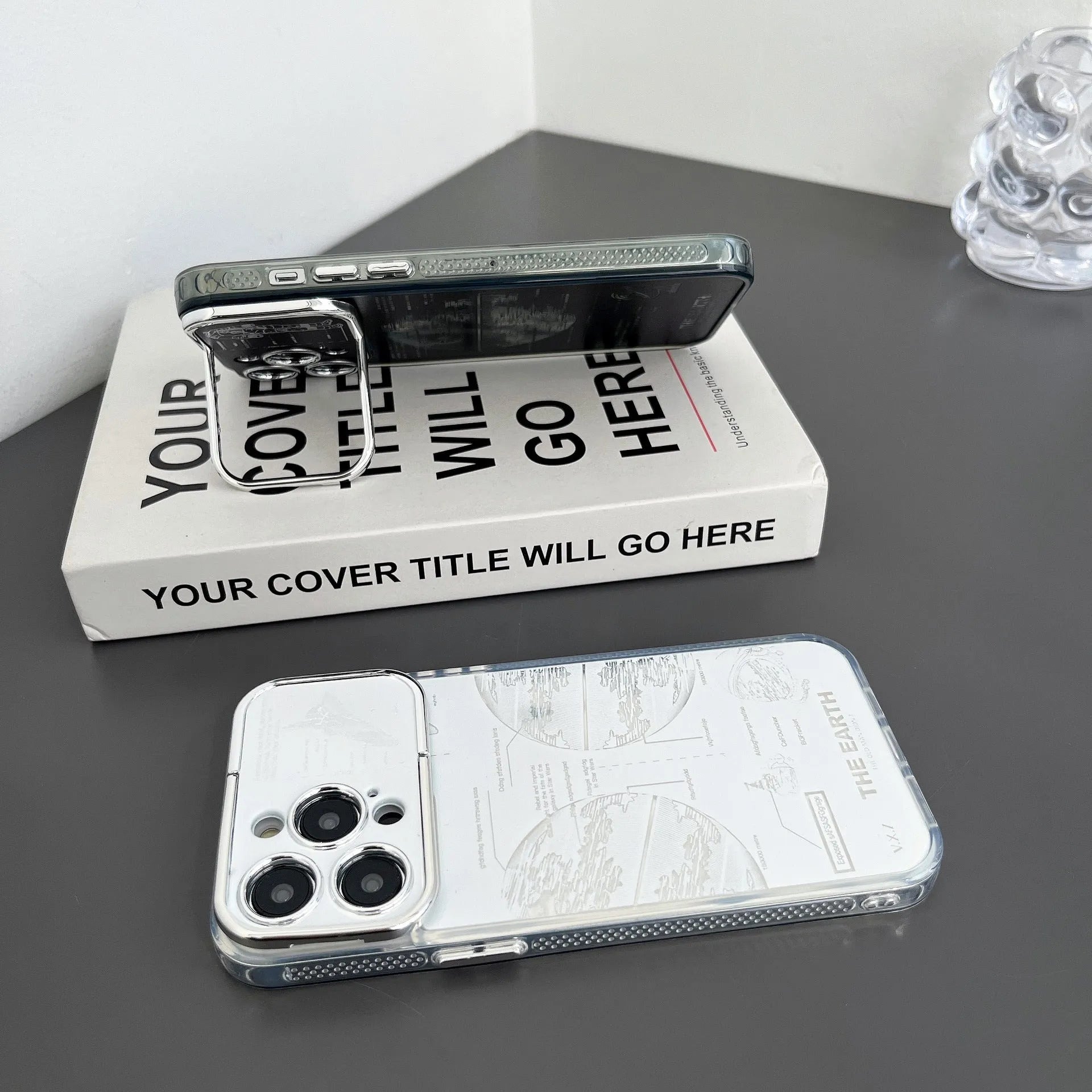Pleated Bracket Phone Case Metal Planet for iPhone 11-14 Pro Max, two colour options shown