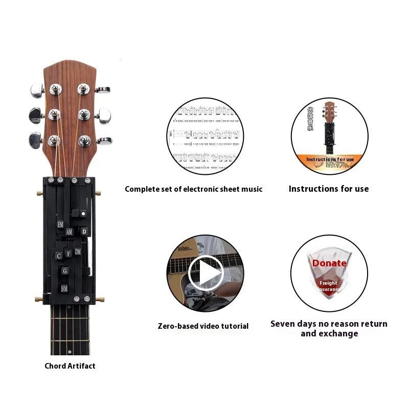 Black automatic guitar chord capo device on guitar neck for beginner practice