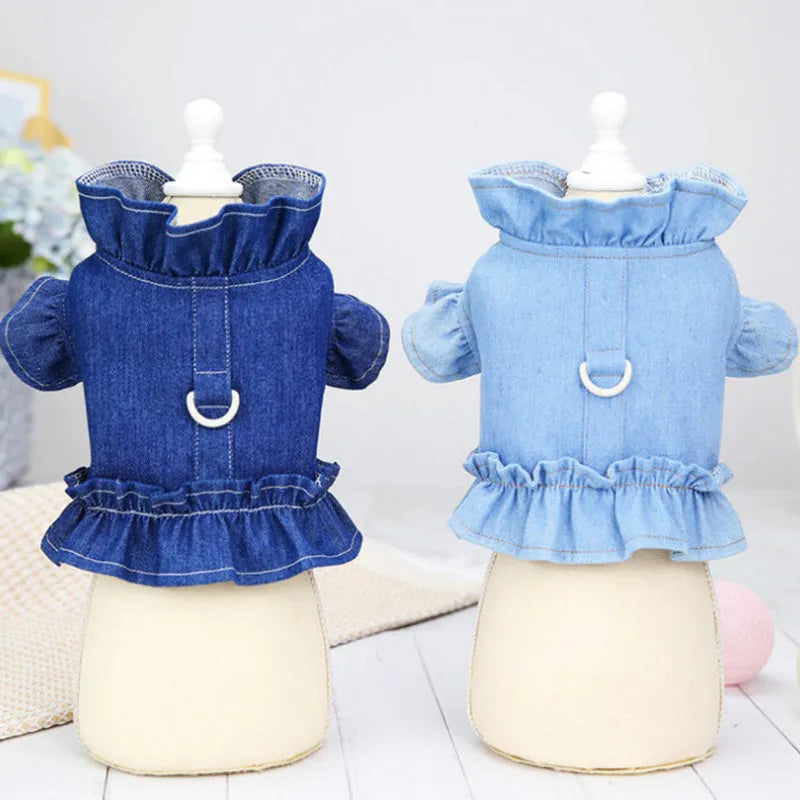 Denim dog dress with ruffle vest and leash hook points on chest and back in dark blue