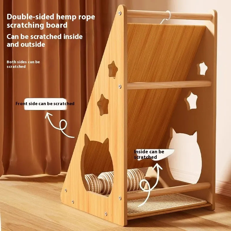 Vertical cat scratch board with sisal surface and hemp rope wrapping, cat teasing ball style design