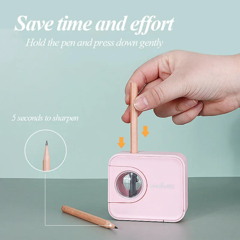 Children's electric pencil sharpener, camera design, 8.2cm x 3.3cm x 7cm, in blue, pink, green, or black