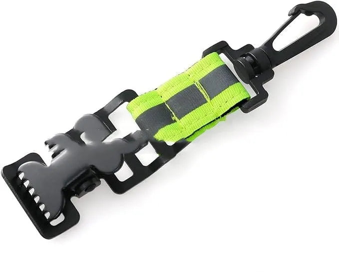 Fluorescent green metal safety glove clip with reflective tape and adjustable buckle.