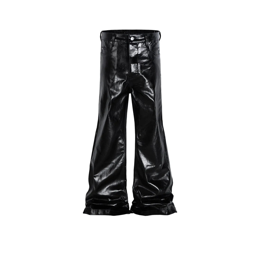 Black coated shiny patent leather straight leg skinny jeans on a hanger.