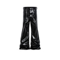 Black coated shiny patent leather straight leg skinny jeans on a hanger.