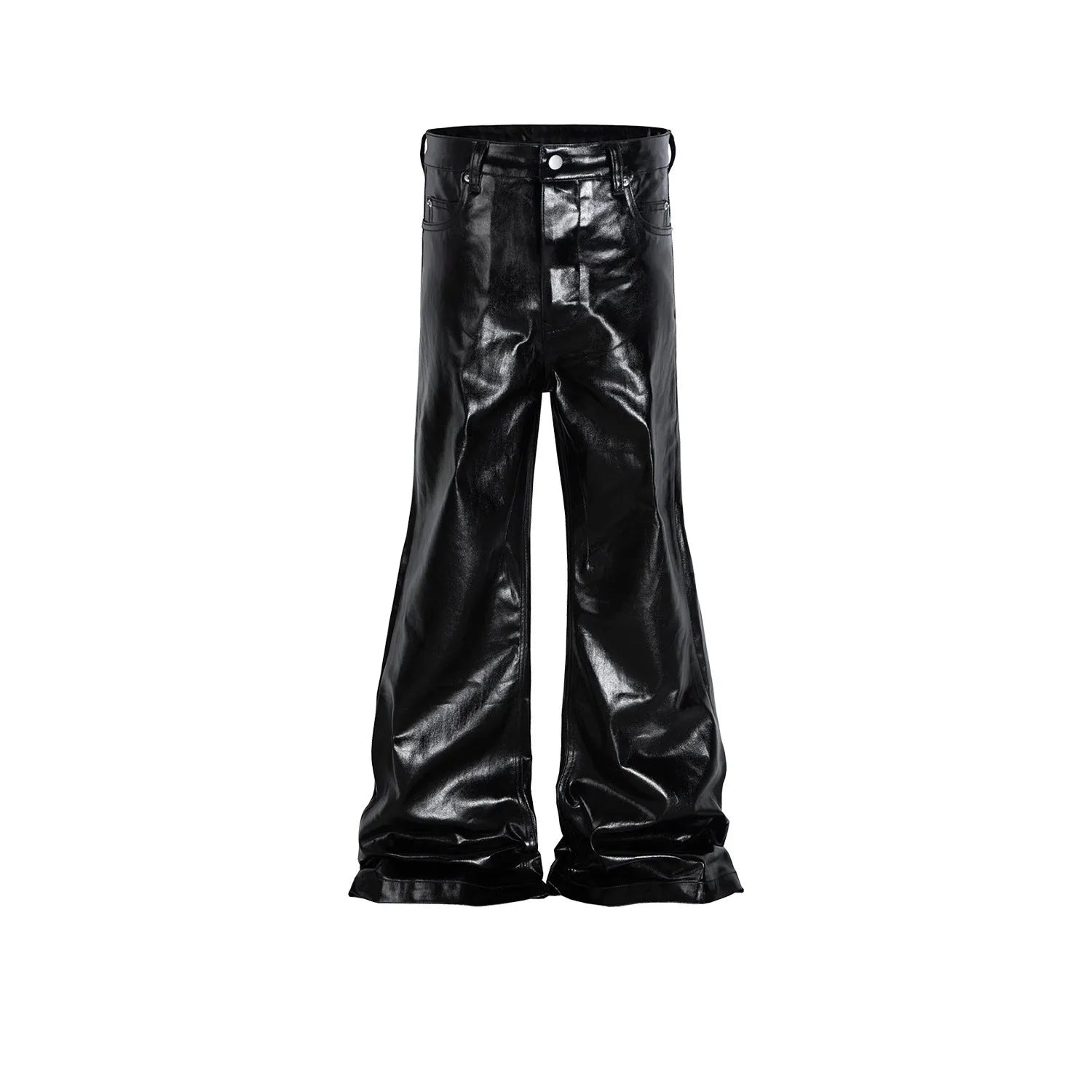 Black coated shiny patent leather straight leg skinny jeans on a hanger.
