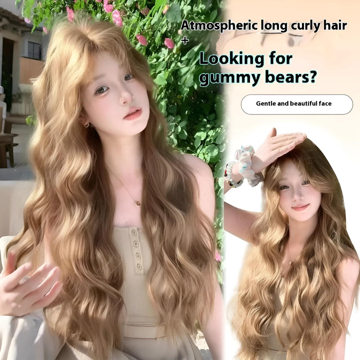 Linen brown synthetic wig with medium length curly style and included hair net